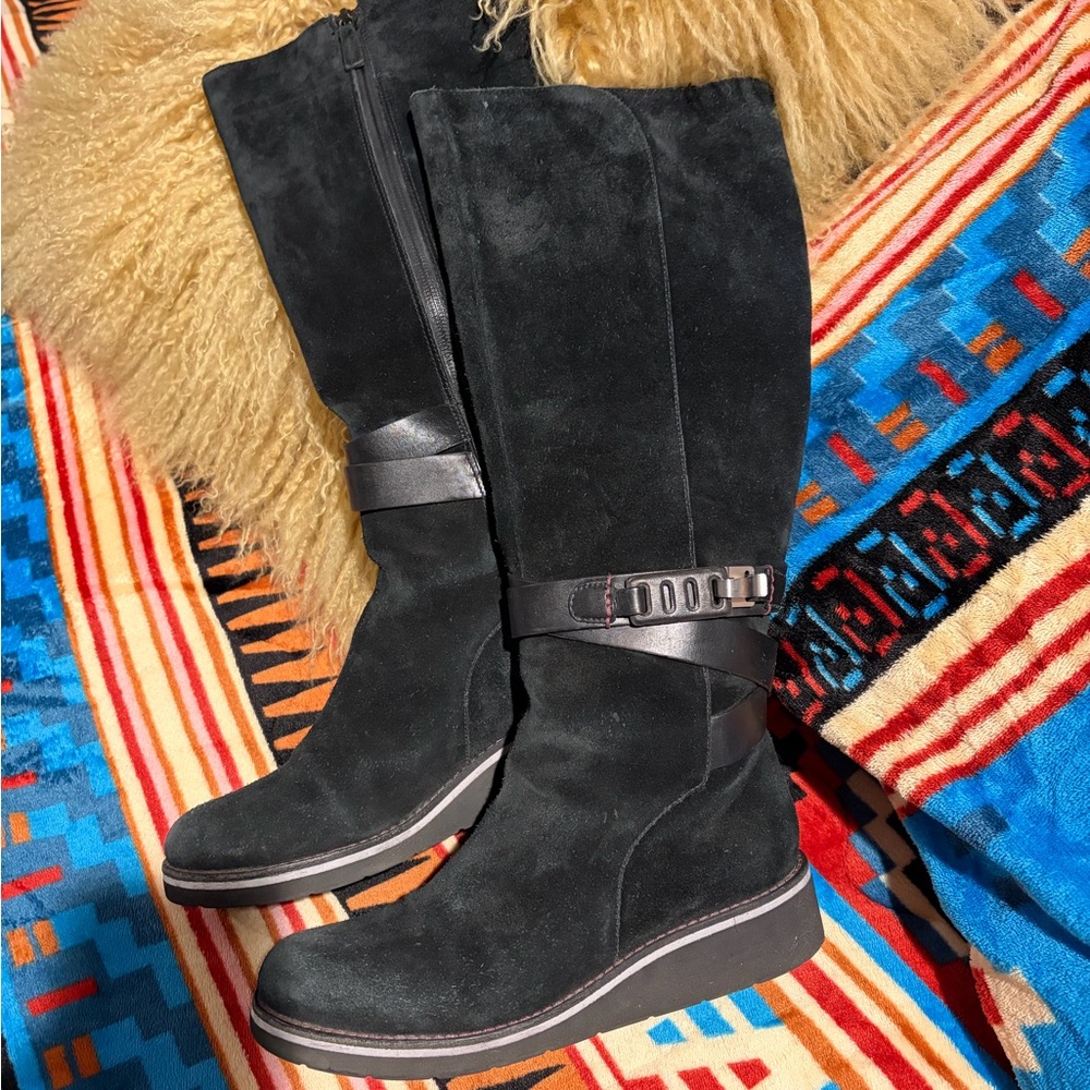Weatherproof Black Suede Heeled Boots with Strap